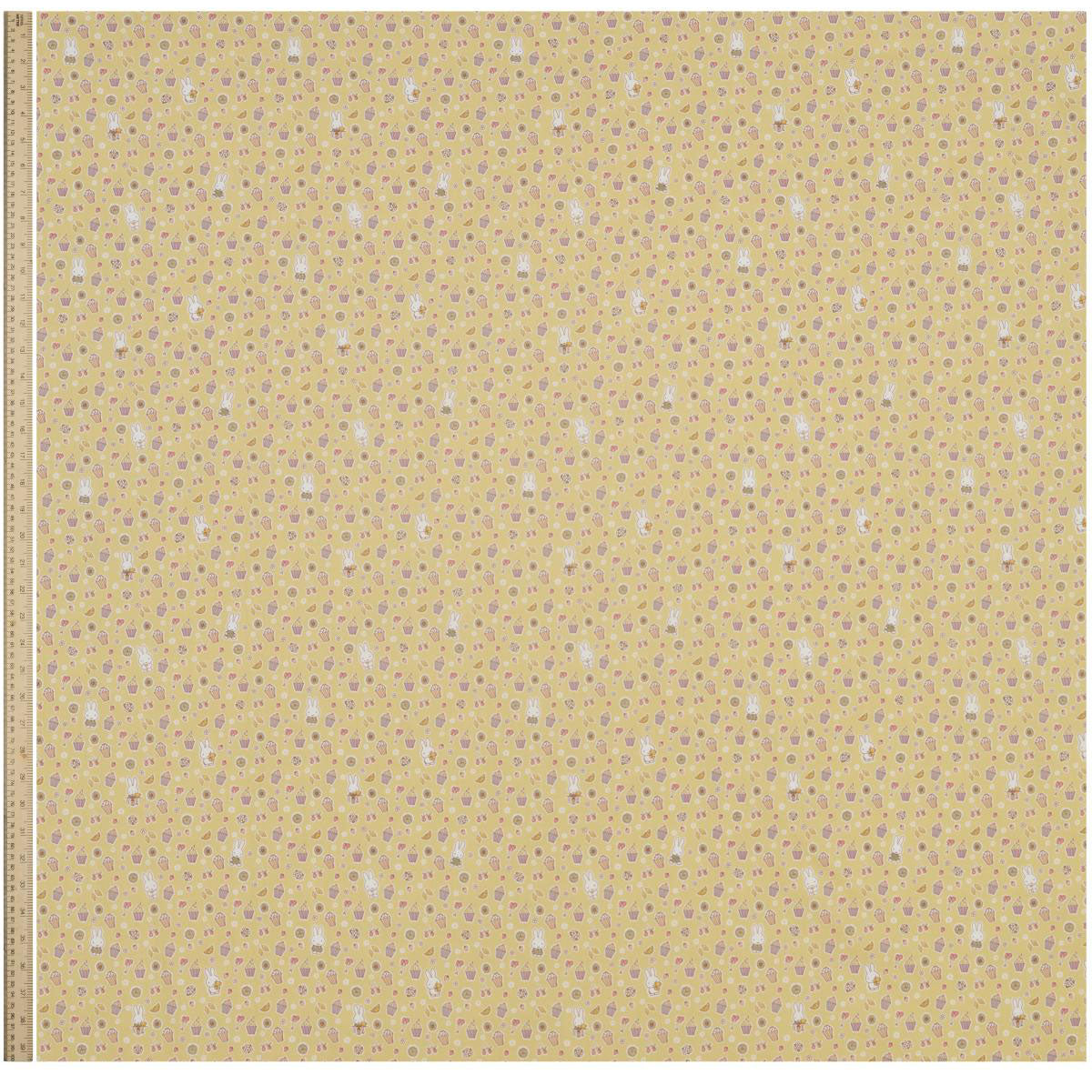 Full width of Liberty x Miffy A Sweet Birthday Tana Lawn in butter yellow, showing the complete print repeat