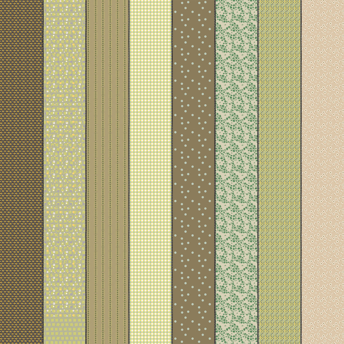 Gathered Lollies One in Trentham by Jen Kingwell for Moda – eight designs across the width of fabric in greens, olives and tans (18290 12)