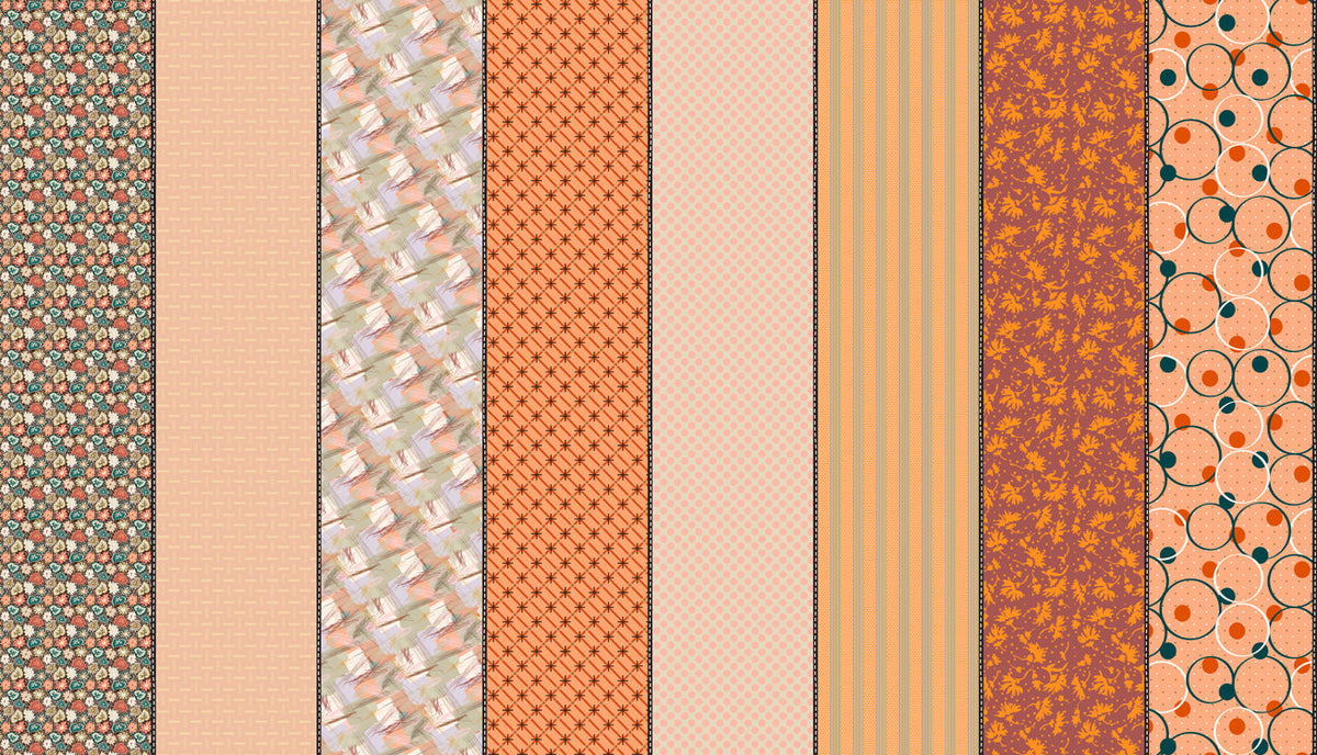 Gathered Lollies Two in Trentham by Jen Kingwell for Moda – eight designs across the width of fabric in peach, coral and orange (18291 12)