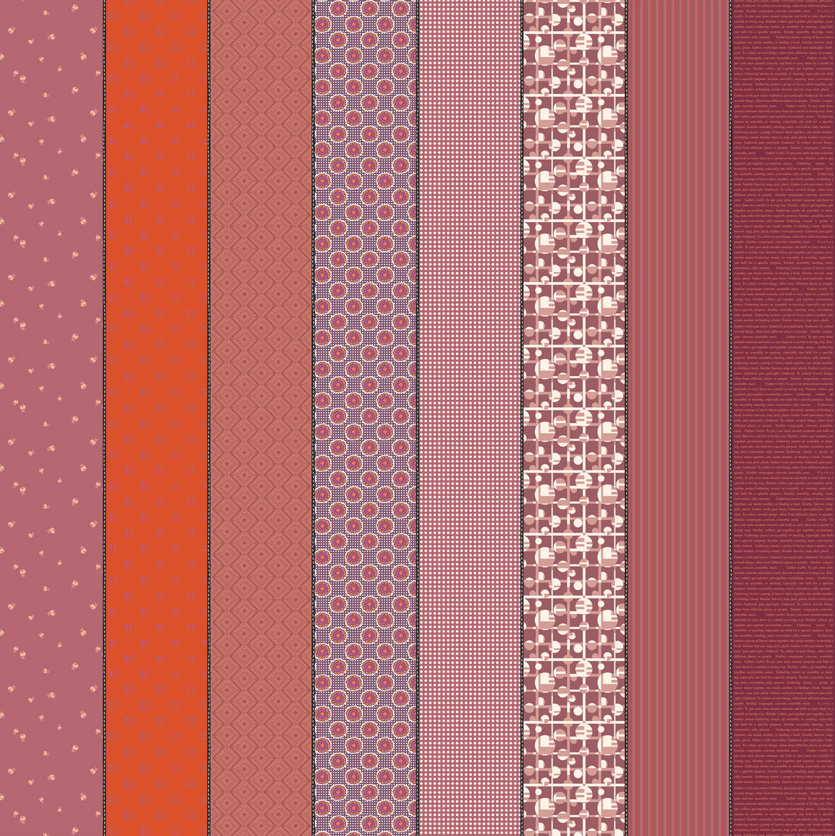 Gathered Lollies Three in Hazel by Jen Kingwell for Moda – eight designs across the width of fabric in berry, pink and red (18292 11)