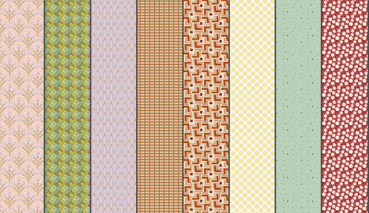Gathered Lollies Four in Trentham by Jen Kingwell for Moda – eight designs across the width of fabric in red, green, butter yellow and lilac (18293 12)