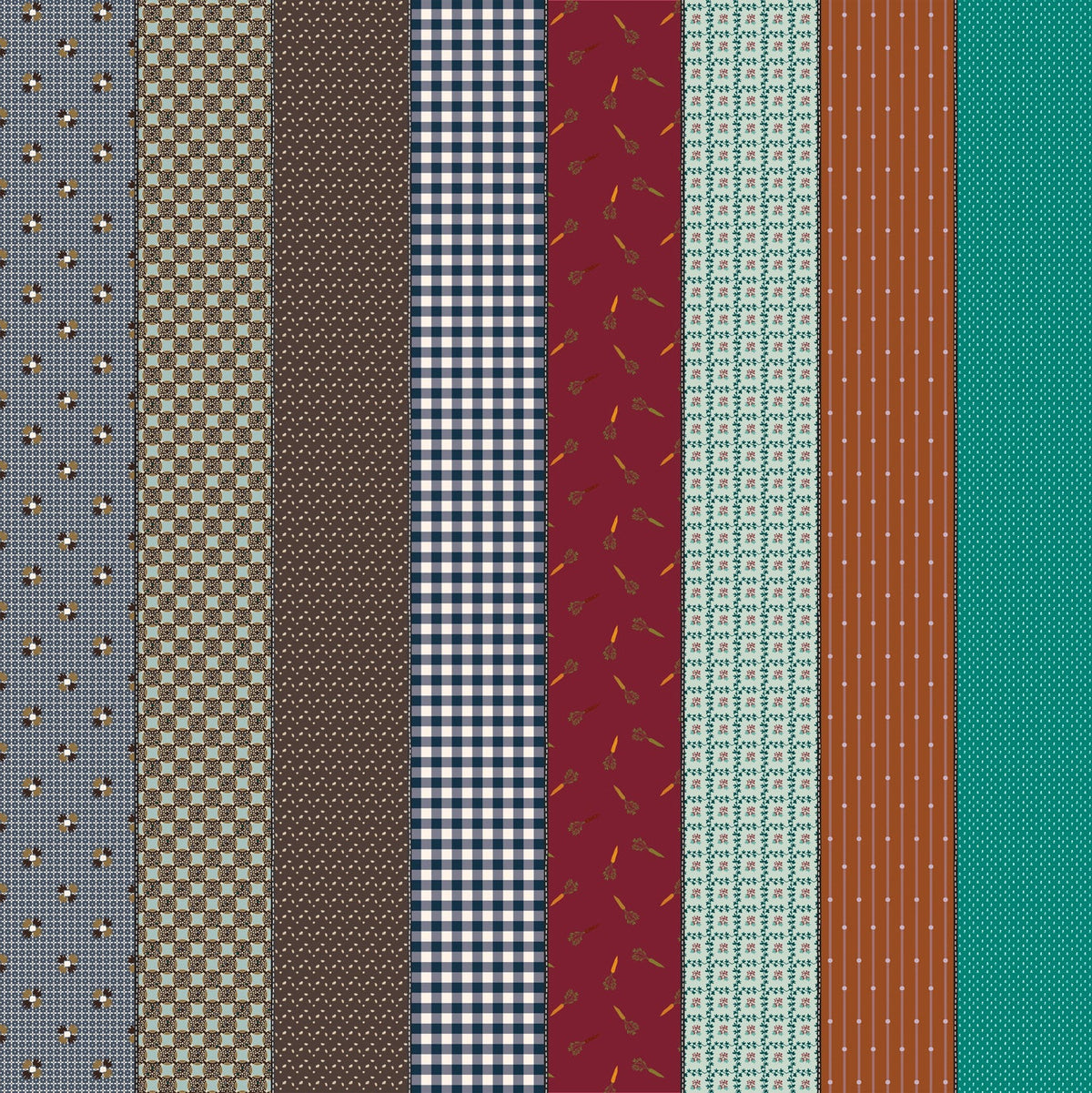Gathered Lollies Five in Trentham by Jen Kingwell for Moda – eight designs across the width of fabric in teal, navy, brown and burgundy, including the carrot print (18294 12)