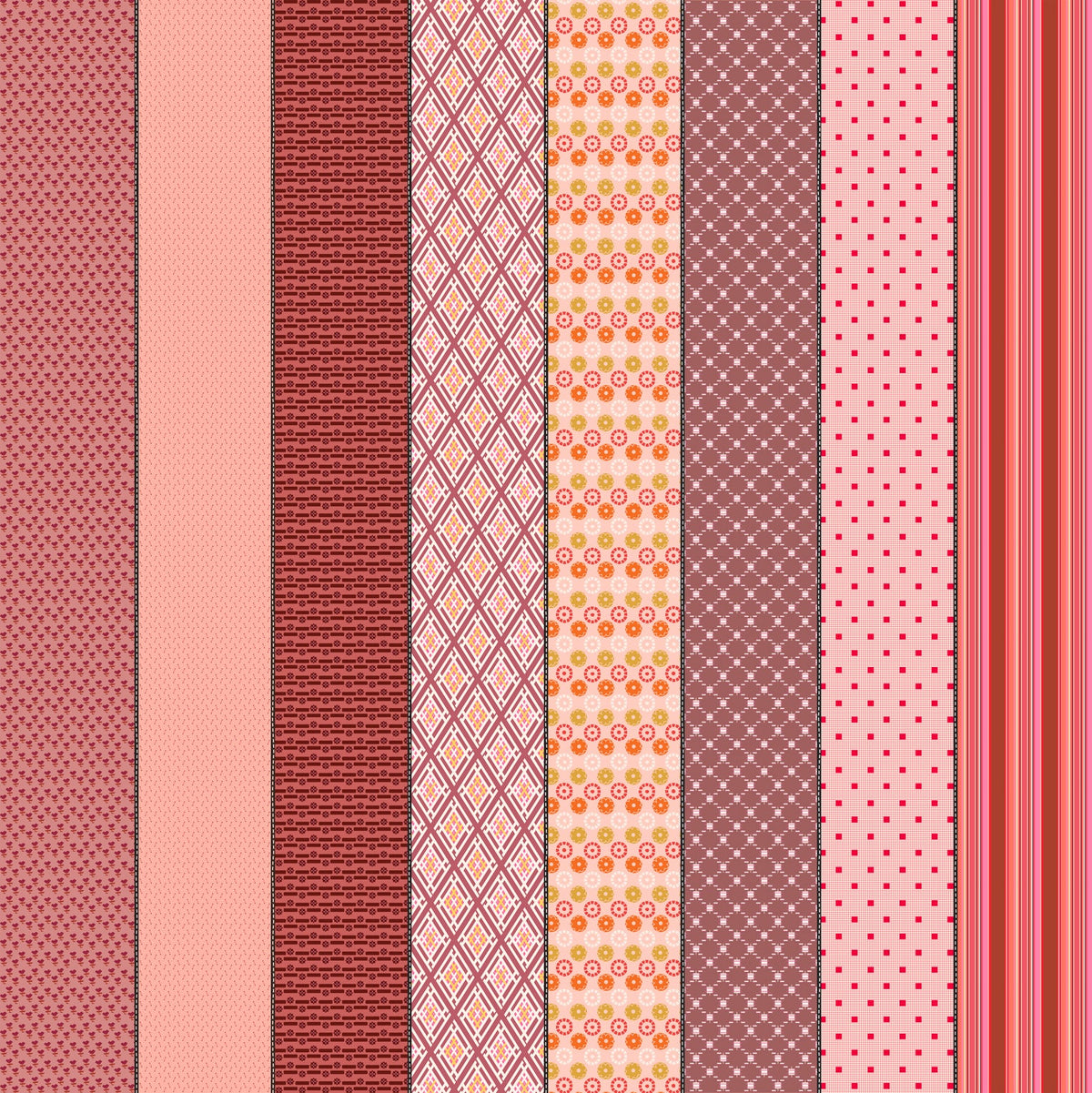 Gathered Lollies Six in Hazel by Jen Kingwell for Moda – eight designs across the width of fabric in pink, magenta and berry (18295 11)