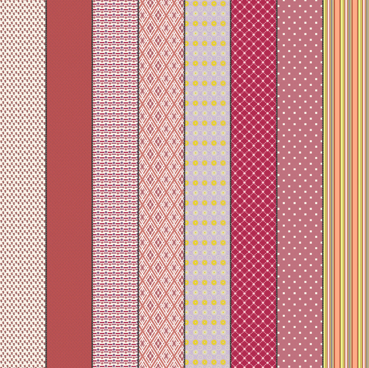 Gathered Lollies Six in Trentham by Jen Kingwell for Moda – eight designs across the width of fabric in pink, lilac, red and yellow (18295 12)