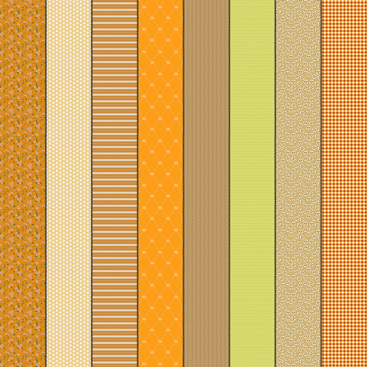 Gathered Lollies Seven in Trentham by Jen Kingwell for Moda – eight designs across the width of fabric in orange, gold and yellow (18296 12)