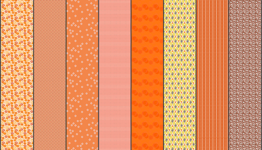 Gathered Lollies Eight in Hazel by Jen Kingwell for Moda – eight designs across the width of fabric in orange, red and coral (18297 11)