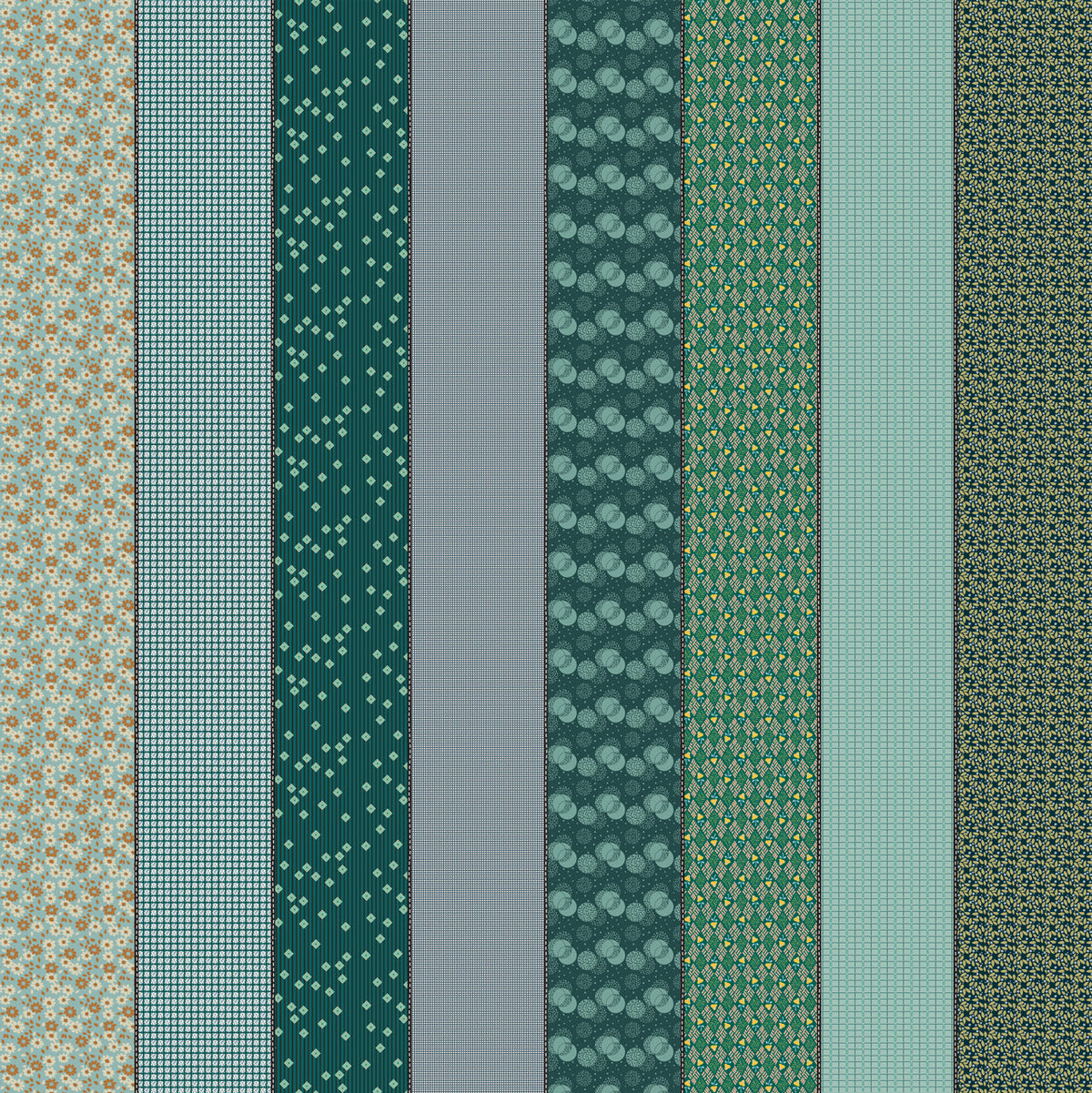 Gathered Lollies Eight in Trentham by Jen Kingwell for Moda – eight designs across the width of fabric in deep teal, green and aqua (18297 12)