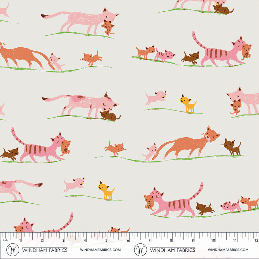 Heather Ross Favorites Marching Cats in Cream by Heather Ross for Windham Fabrics – shown with a ruler for scale (40931D-5)