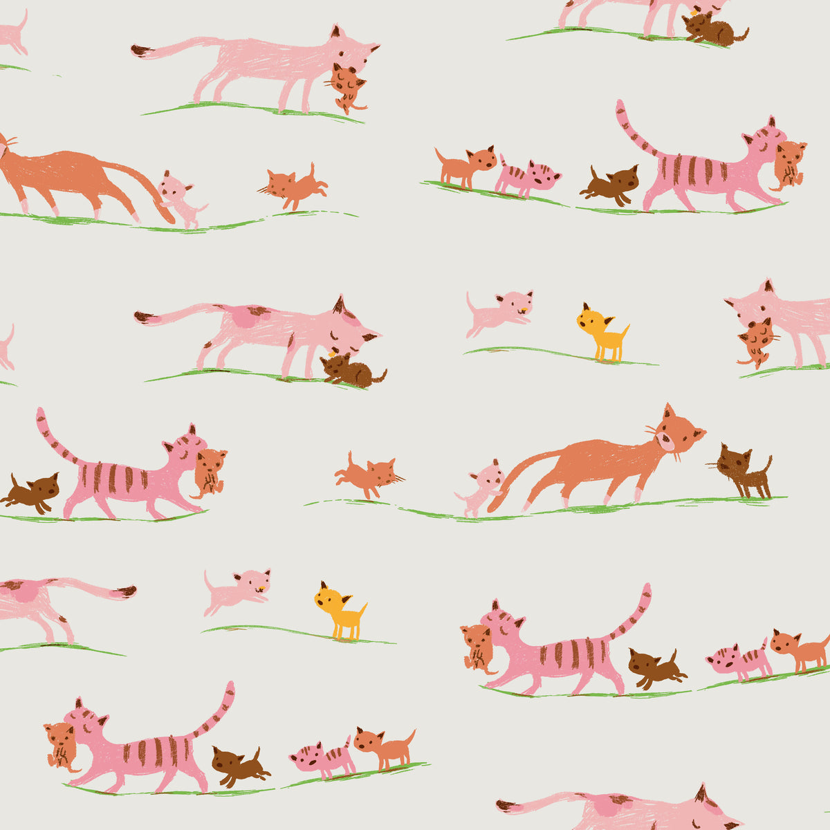 Heather Ross Favorites Marching Cats in Cream by Heather Ross for Windham Fabrics – a parade of coral and pink cats walking in line across cream (40931D-5)