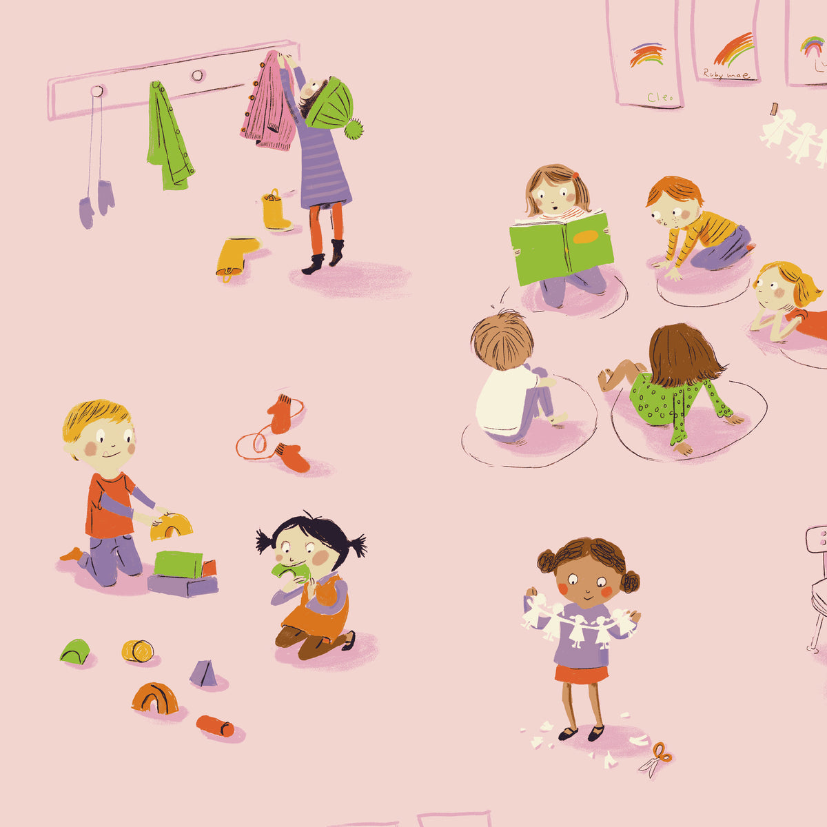 Heather Ross Favorites Kindergarten in Pink by Heather Ross for Windham Fabrics – children sitting and playing, drawn on a soft pink ground (43480D-1)