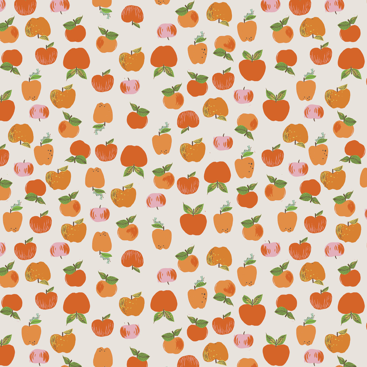 Heather Ross Favorites Apple in Red by Heather Ross for Windham Fabrics – rows of coral and orange apples on a soft cream ground (43483D-2)