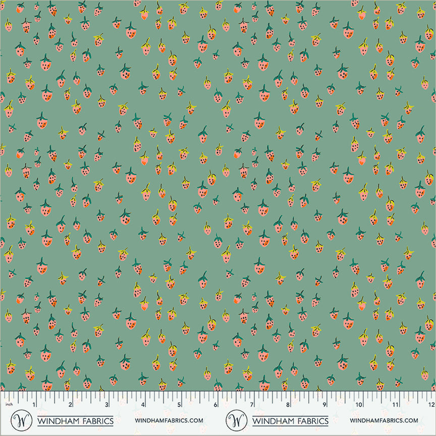 Heather Ross Favorites Field Strawberries in Teal by Heather Ross for Windham Fabrics – shown with a ruler for scale (50899D-13)