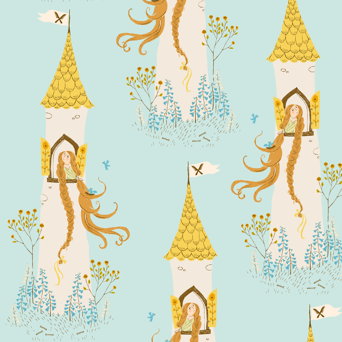 Heather Ross Favorites Rapunzel in Aqua by Heather Ross for Windham Fabrics – Rapunzel in her tower with her hair spilling down, on soft aqua (51197D-2)