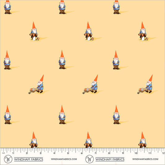 Heather Ross Favorites Gnomes in Yellow by Heather Ross for Windham Fabrics β shown with a ruler for scale (54324D-2)