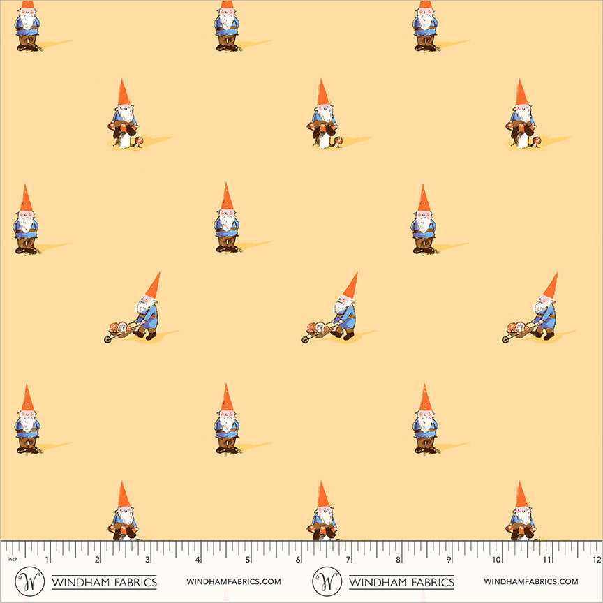 Heather Ross Favorites Gnomes in Yellow by Heather Ross for Windham Fabrics – shown with a ruler for scale (54324D-2)