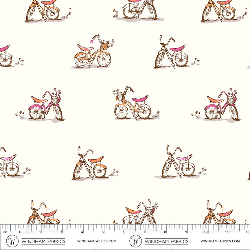 Heather Ross Favorites Dream Bike in White by Heather Ross for Windham Fabrics – shown with a ruler for scale (54327D-3)