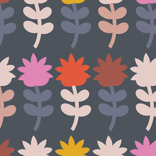 Cinnamon Toast Dutch Bloom Sugar quilting cotton – large stylised blooms on a charcoal-slate ground – by Dana Willard for Art Gallery Fabrics