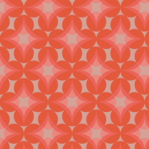 Cinnamon Toast Glass Grapes quilting cotton – a retro geometric of overlapping circles in coral on dusty rose – by Dana Willard for Art Gallery Fabrics