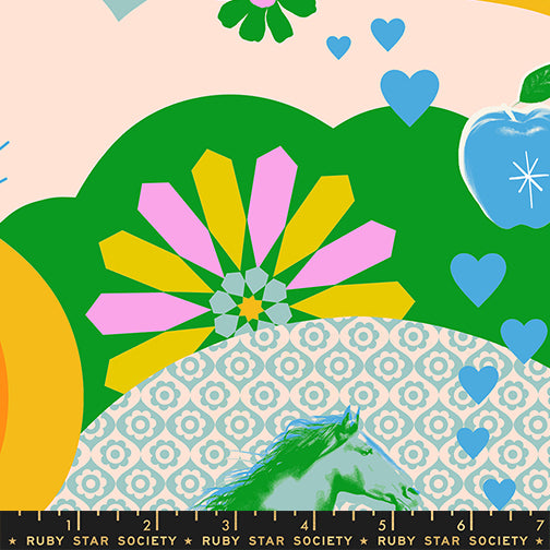 Green fabric with retro icons – Best Day Ever main print by Melody Miller Ruby Star Society