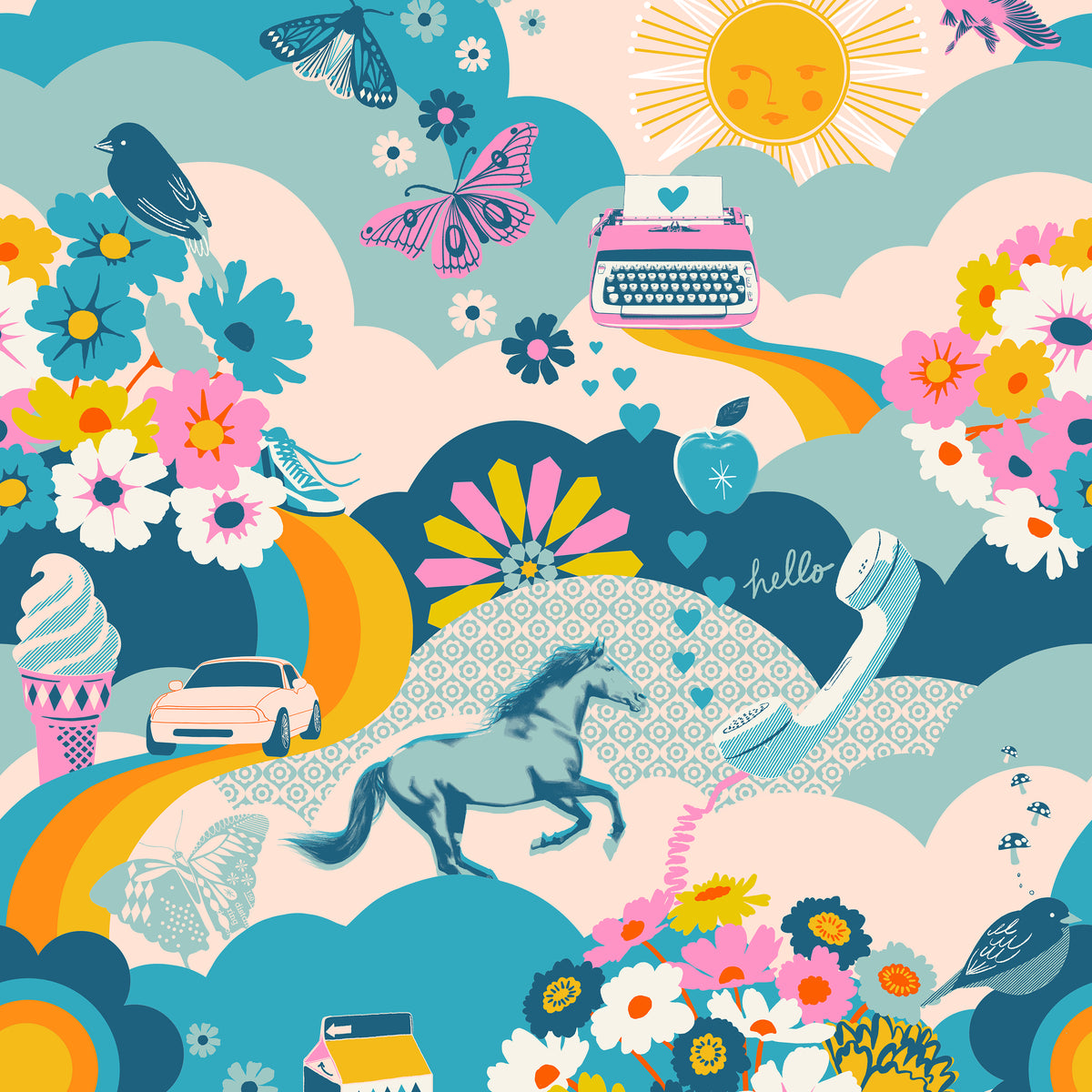 Teal fabric with retro icons – Best Day Ever main print by Melody Miller Ruby Star Society