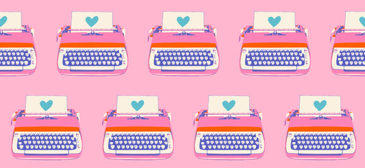 Bright pink fabric with typewriters – Best Day Ever by Melody Miller Ruby Star Society