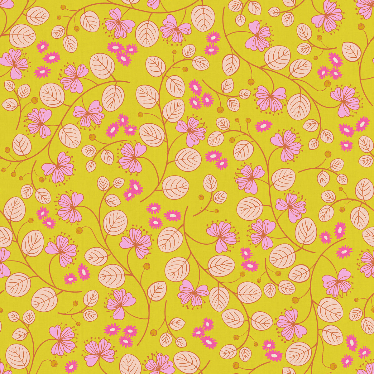 Caper Floral in Citron Ruby Star Linen by Ruby Star Society — trailing leafy vines with neon pink blossoms on a zingy chartreuse ground