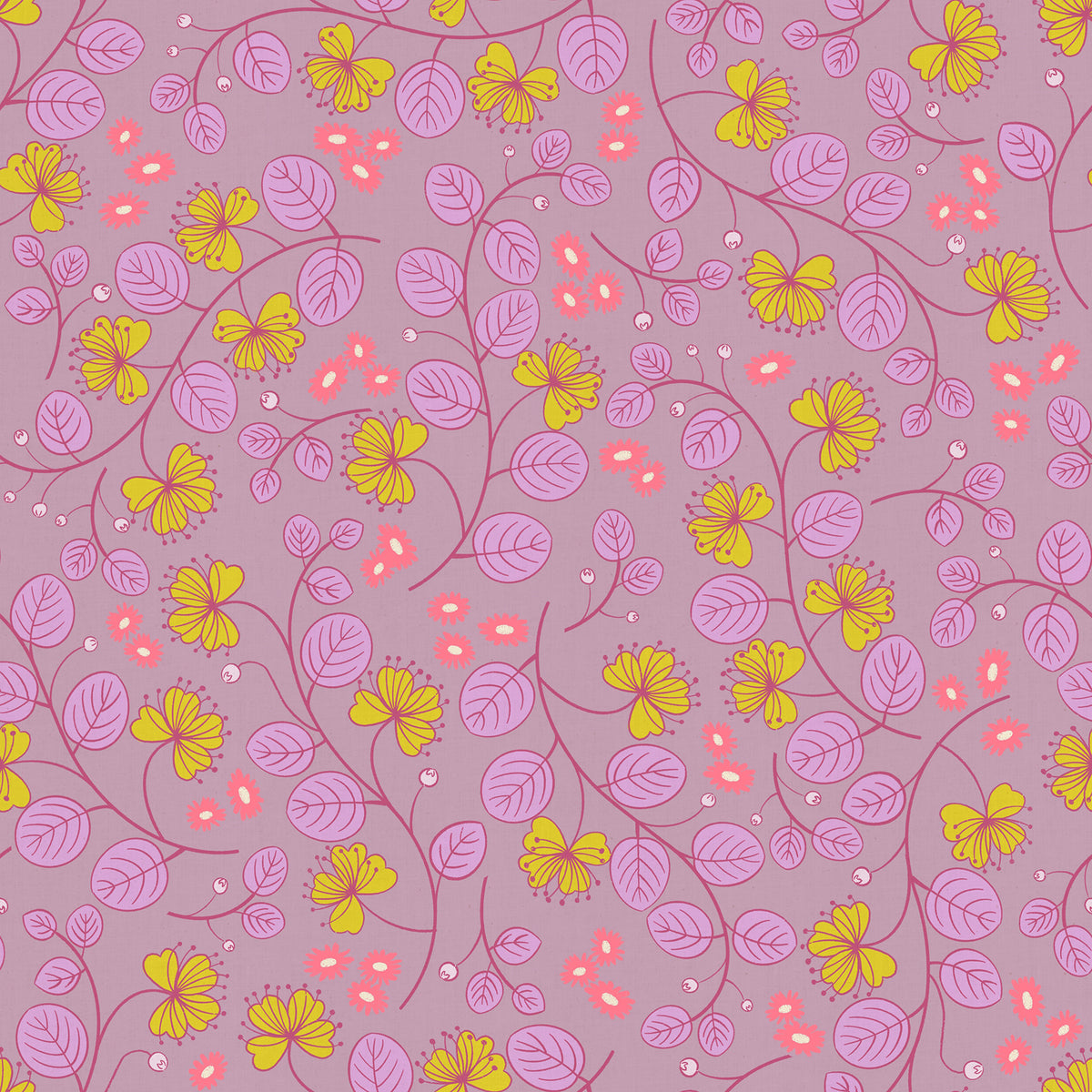 Caper Floral in Pale Lilac Ruby Star Linen by Ruby Star Society — trailing golden leafy vines with neon pink blossoms on a dusty pale lilac ground