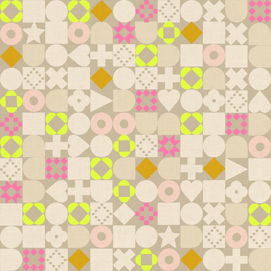Blocked in Khaki Ruby Star Linen by Ruby Star Society — a grid of small geometric blocks, circles and triangles and crosses, on a soft greyed khaki ground