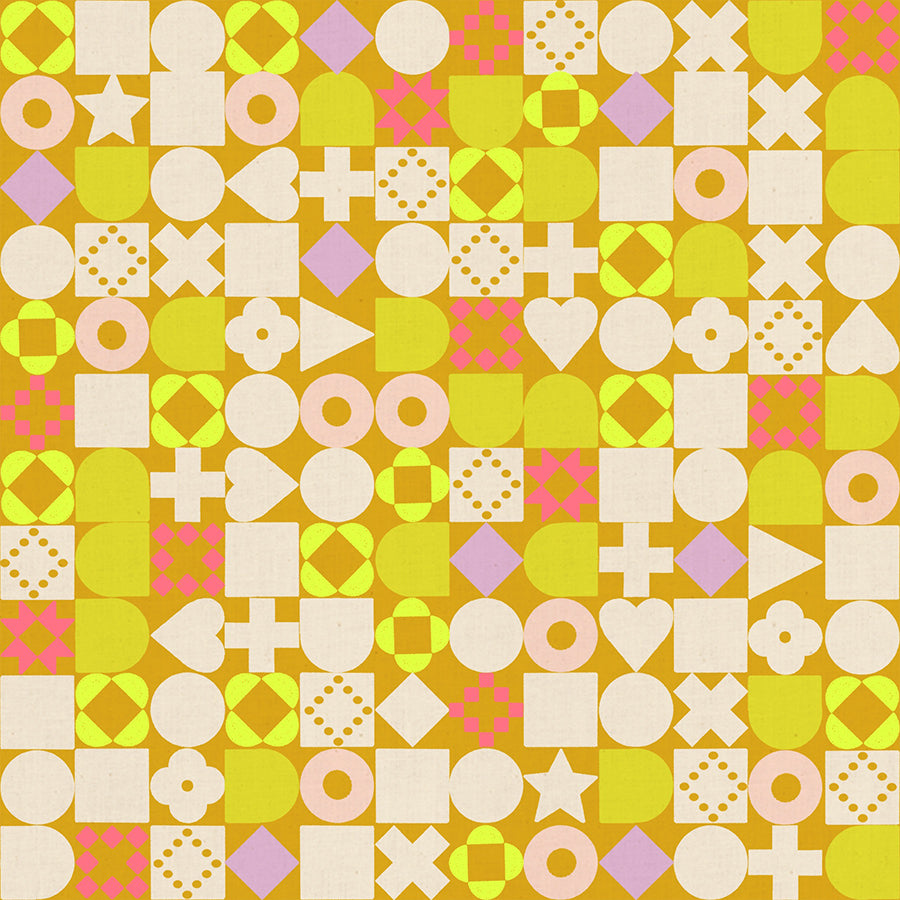 Blocked in Cactus Ruby Star Linen by Ruby Star Society — a grid of small geometric blocks, circles and triangles and crosses, on a deep golden mustard ground