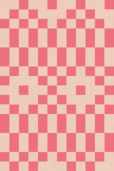 Bitmapped in Neon Coral Ruby Star Linen by Ruby Star Society — a pixelated checkerboard in neon coral over soft blush