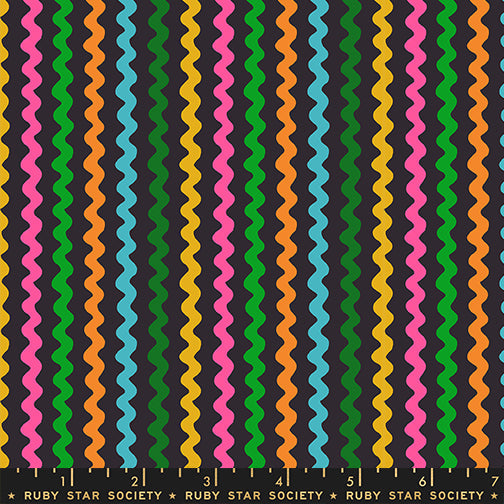 Ric Rac in Soft Black quilting cotton by Ruby Star Society — wavy little rows of ric rac braid marching across the cloth on Ruby Star's signature soft black — pattern repeat