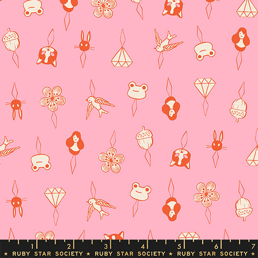 Thread Charms in Posy quilting cotton by Ruby Star Society — tiny thread charms on a warm pink — pattern repeat