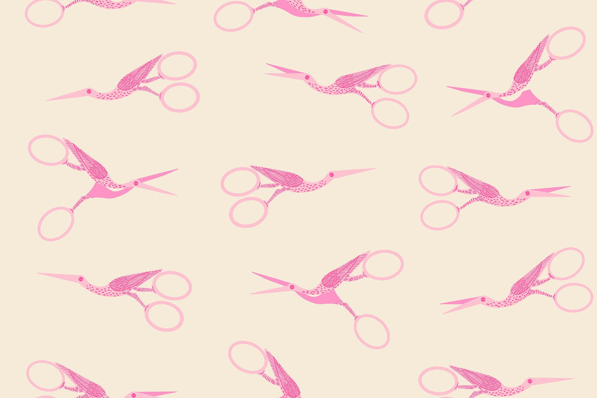 Stork Scissors in Shell quilting cotton by Ruby Star Society — the classic stork embroidery scissors on a soft blush pink
