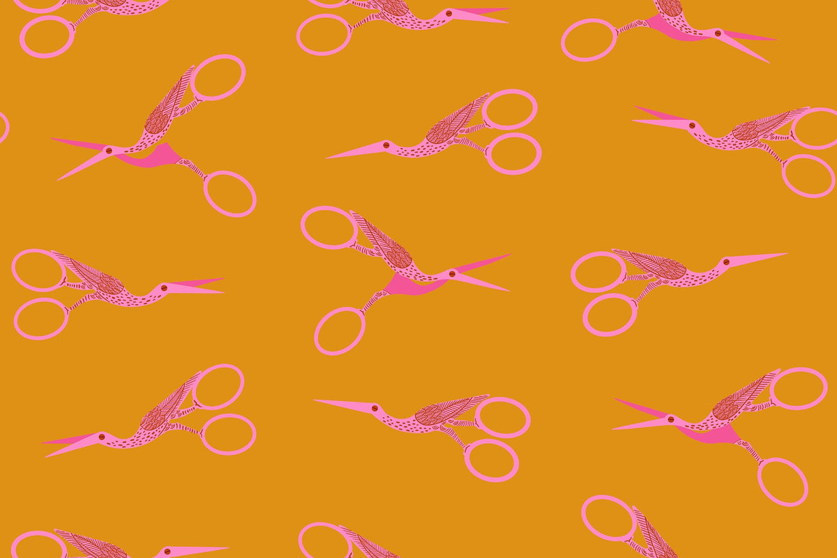 Stork Scissors in Honey quilting cotton by Ruby Star Society — the classic stork embroidery scissors on a golden honey yellow