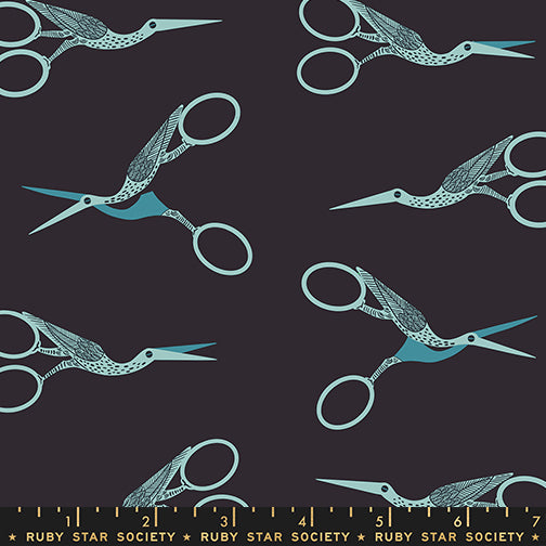Stork Scissors in Soft Black quilting cotton by Ruby Star Society — the classic stork embroidery scissors on Ruby Star's signature soft black — pattern repeat