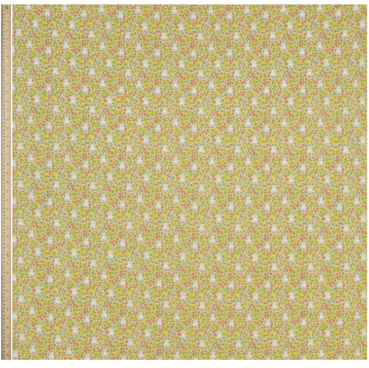 Full width of Liberty x Miffy Prairie Day Tana Lawn in butter yellow, showing the complete print repeat