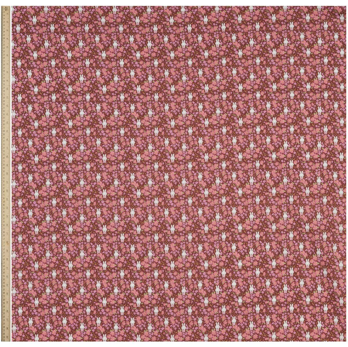 Full width of Liberty x Miffy Prairie Day Tana Lawn in deep burgundy, showing the complete print repeat