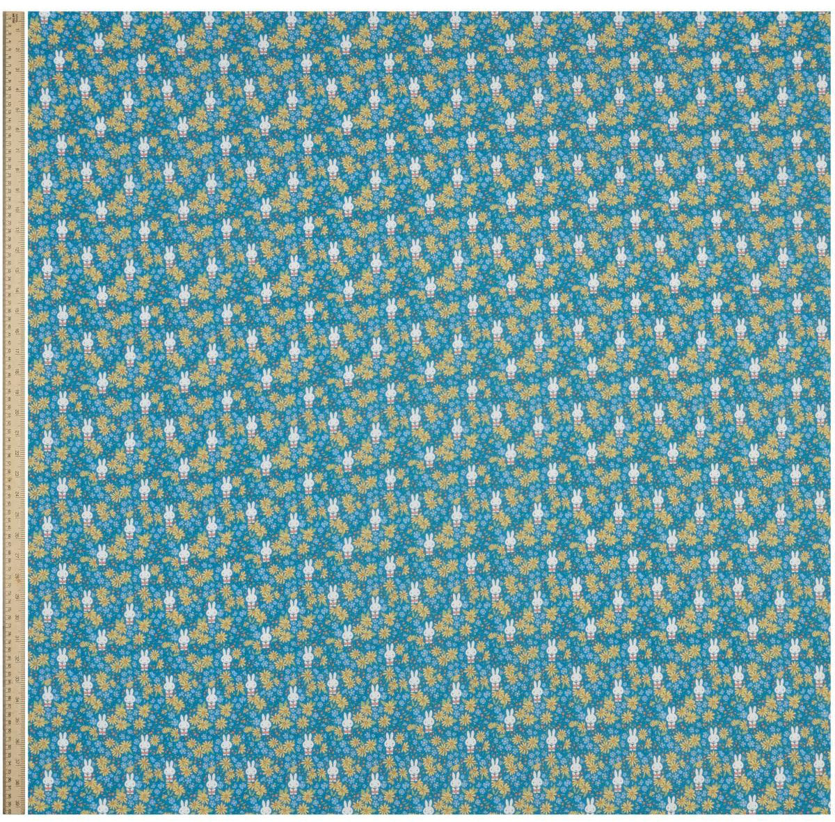 Full width of Liberty x Miffy Prairie Day Tana Lawn in bright teal, showing the complete print repeat