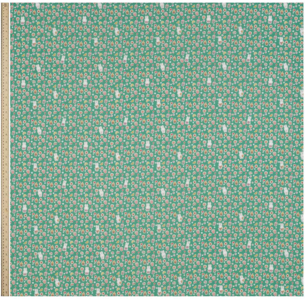 Full width of Liberty x Miffy A Sweet Birthday Tana Lawn in rich green, showing the complete print repeat