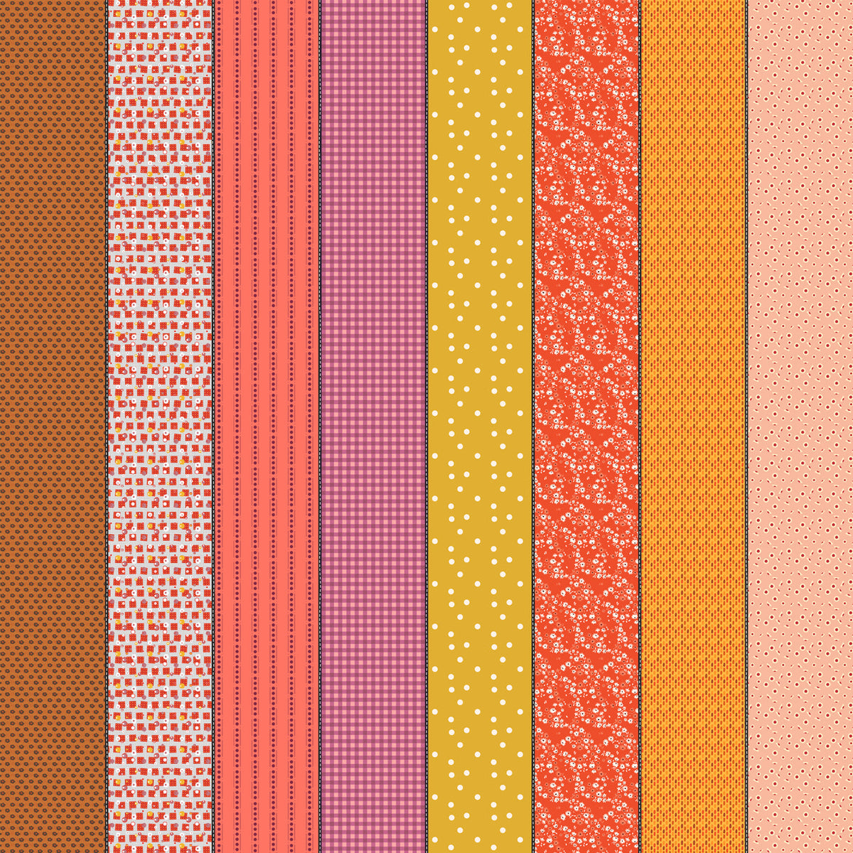 Gathered Lollies One in Hazel by Jen Kingwell for Moda – eight designs across the width of fabric in warm pinks, corals and oranges (18290 11)