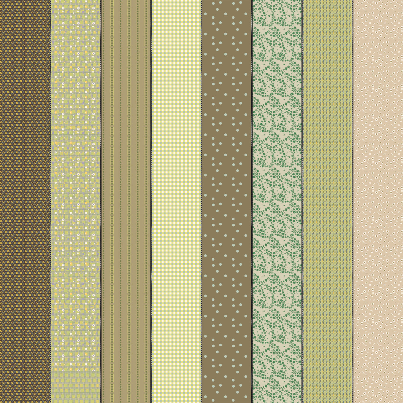 Gathered Lollies One in Trentham by Jen Kingwell for Moda – eight designs across the width of fabric in greens, olives and tans (18290 12)