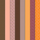 Gathered Lollies Two in Hazel by Jen Kingwell for Moda – eight designs across the width of fabric in warm oranges, pinks and magentas (18291 11)