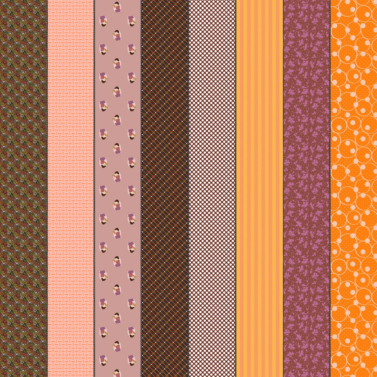 Gathered Lollies Two in Hazel by Jen Kingwell for Moda – eight designs across the width of fabric in warm oranges, pinks and magentas (18291 11)