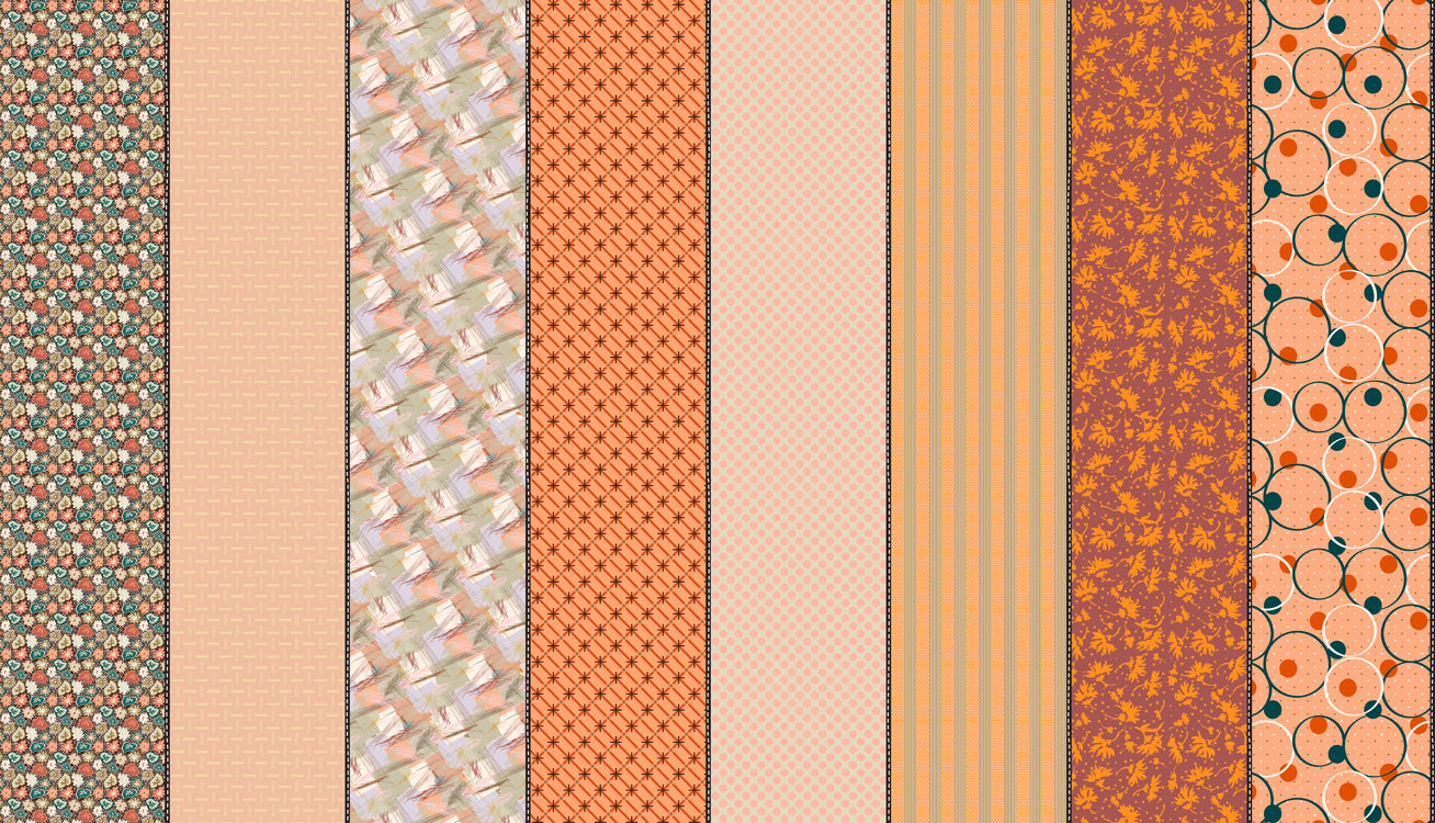 Gathered Lollies Two in Trentham by Jen Kingwell for Moda – eight designs across the width of fabric in peach, coral and orange (18291 12)