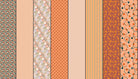 Gathered Lollies Two in Trentham by Jen Kingwell for Moda – eight designs across the width of fabric in peach, coral and orange (18291 12)