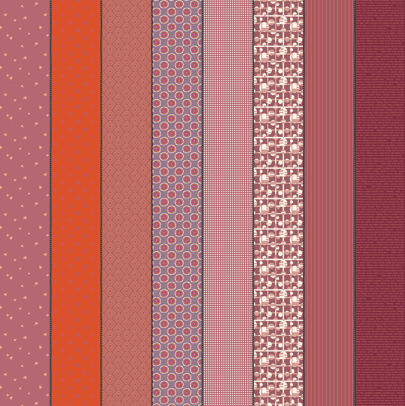 Gathered Lollies Three in Hazel by Jen Kingwell for Moda – eight designs across the width of fabric in berry, pink and red (18292 11)