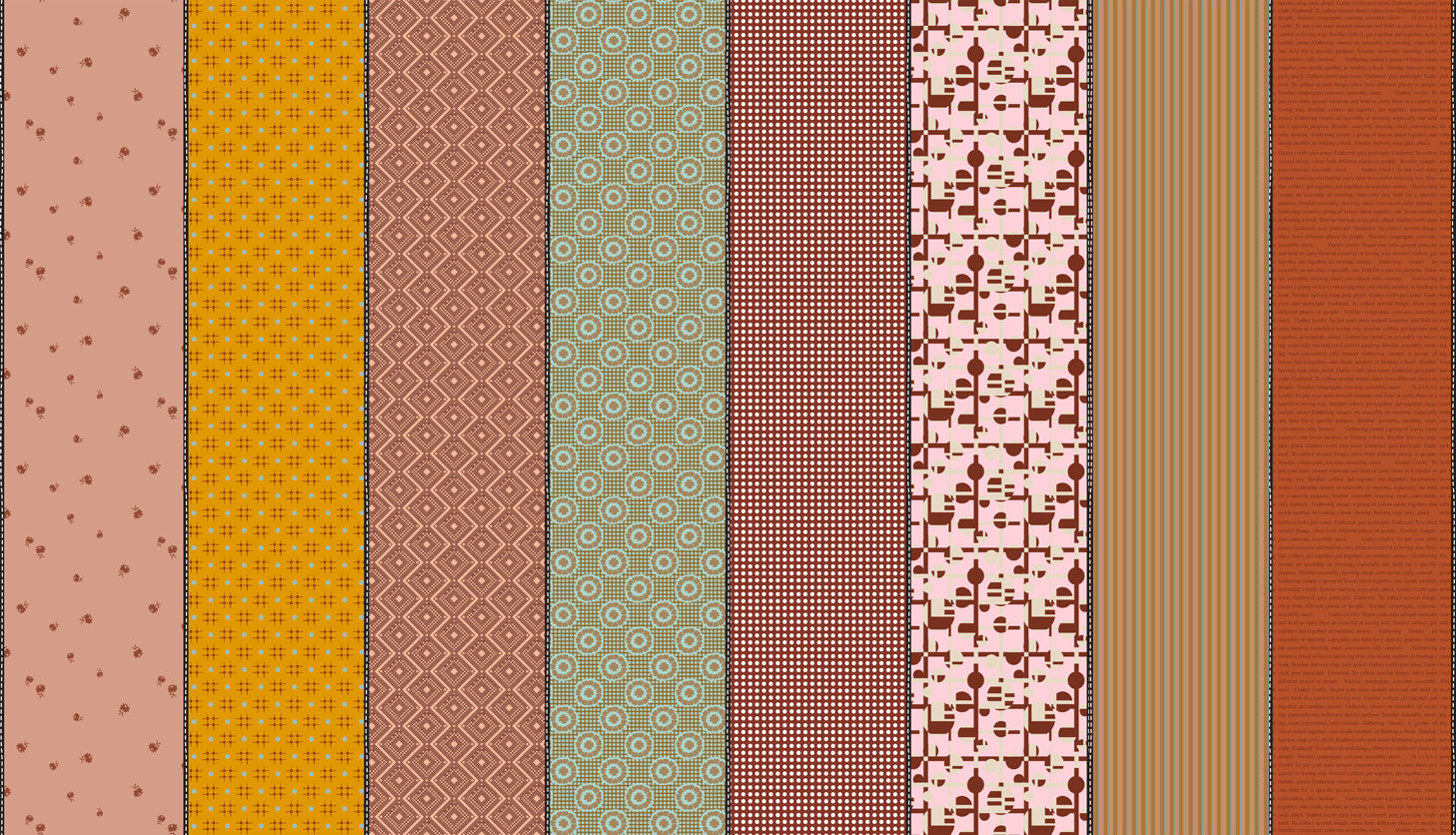 Gathered Lollies Three in Trentham by Jen Kingwell for Moda – eight designs across the width of fabric in rust, orange and olive (18292 12)