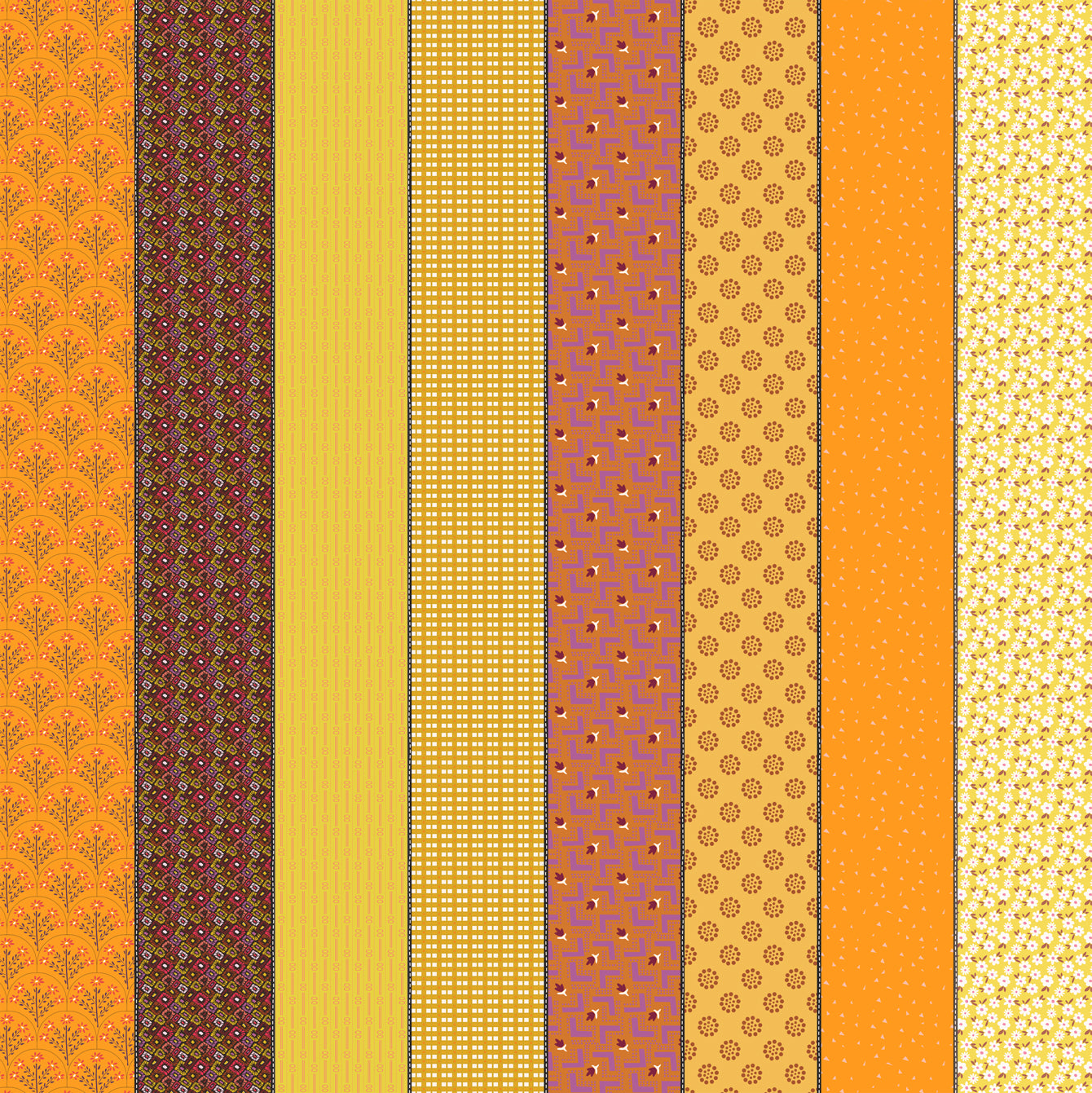 Gathered Lollies Four in Hazel by Jen Kingwell for Moda – eight designs across the width of fabric in yellow, gold and orange (18293 11)