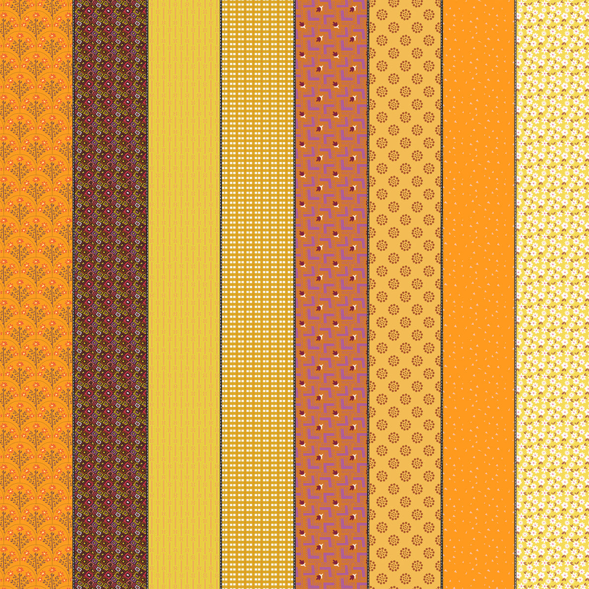 Gathered Lollies Four in Hazel by Jen Kingwell for Moda – eight designs across the width of fabric in yellow, gold and orange (18293 11)