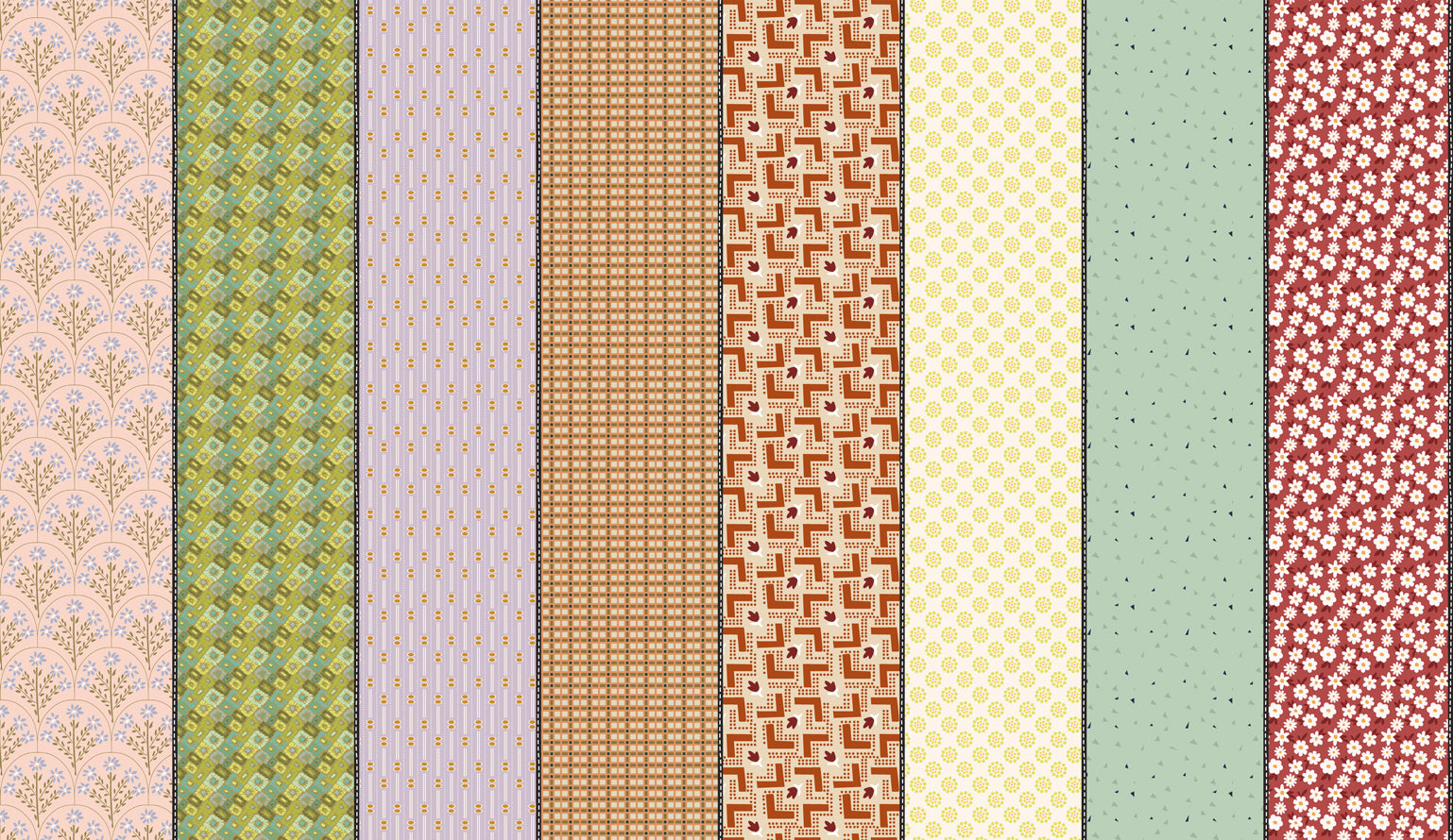 Gathered Lollies Four in Trentham by Jen Kingwell for Moda – eight designs across the width of fabric in red, green, butter yellow and lilac (18293 12)